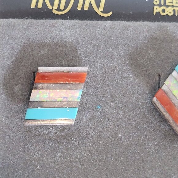 Trifari Geometric Color Block Inlay Stud Earrings Surgical Steel Posts - Picture 3 of 4